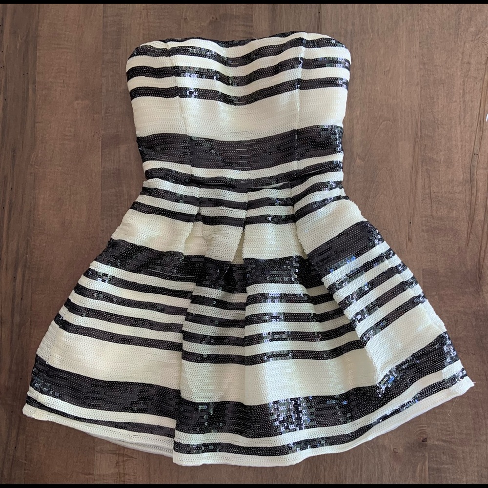 Bebe Black White Strapless Mini Sequin Dress 6